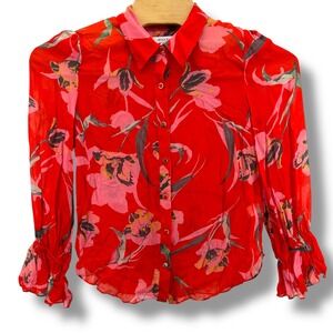 Milly Red Pink Tulip Floral Print Rayon Blouse Ruffle Cuff Button Down Size M